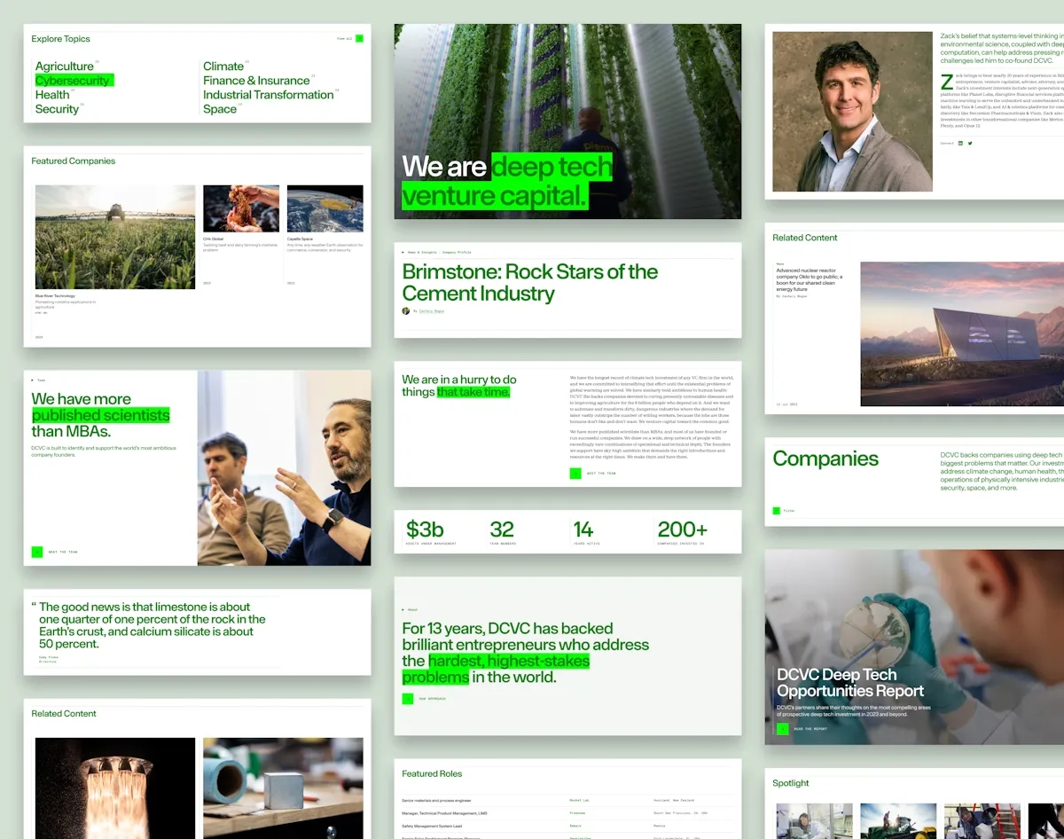A grid of DCVC design system components, including topic lists, featured companies, stats, quotes, and article headers